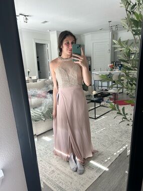 Elegant Beaded Halter Maxi Dress in Blush